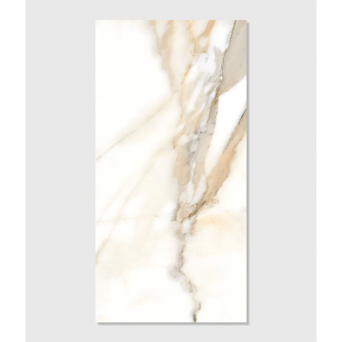 A rectangular beige and cream marble-effect porcelain tile with flowing natural veining from magnifique porcelain oro