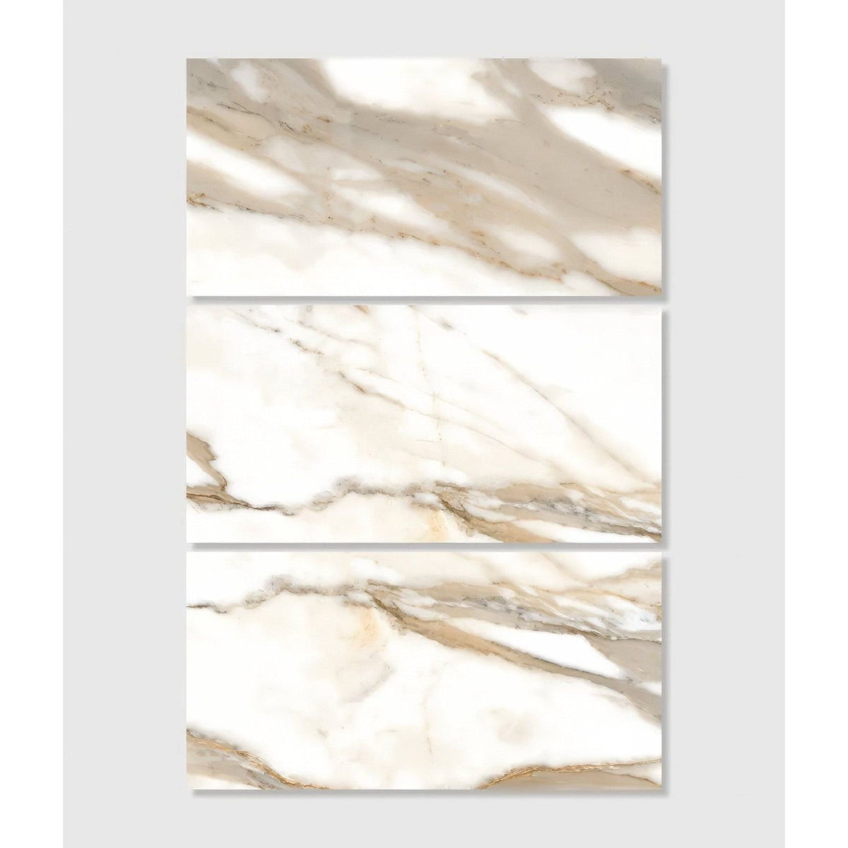 Magnifique Porcelain Oro three-panel bookmatched marble-effect porcelain with white and beige veining
