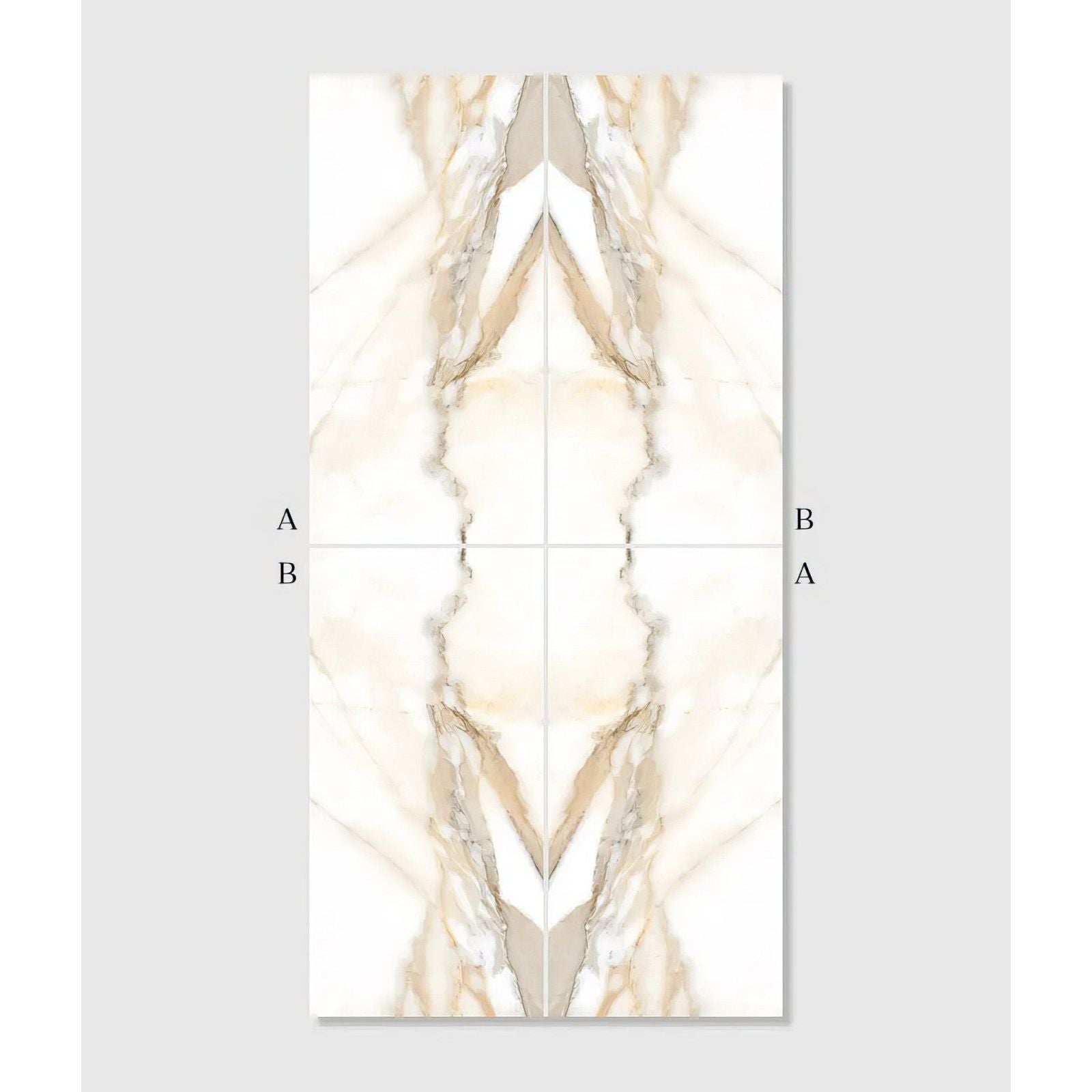 Beige and white marble-patterned rectangular magnifique porcelain oro bookmatched tile with symmetrical veined design