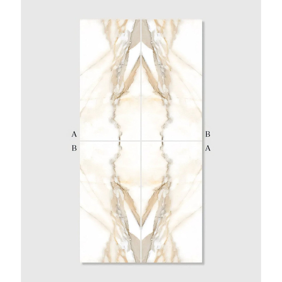 Beige and white marble-patterned rectangular magnifique porcelain oro bookmatched tile with symmetrical veined design