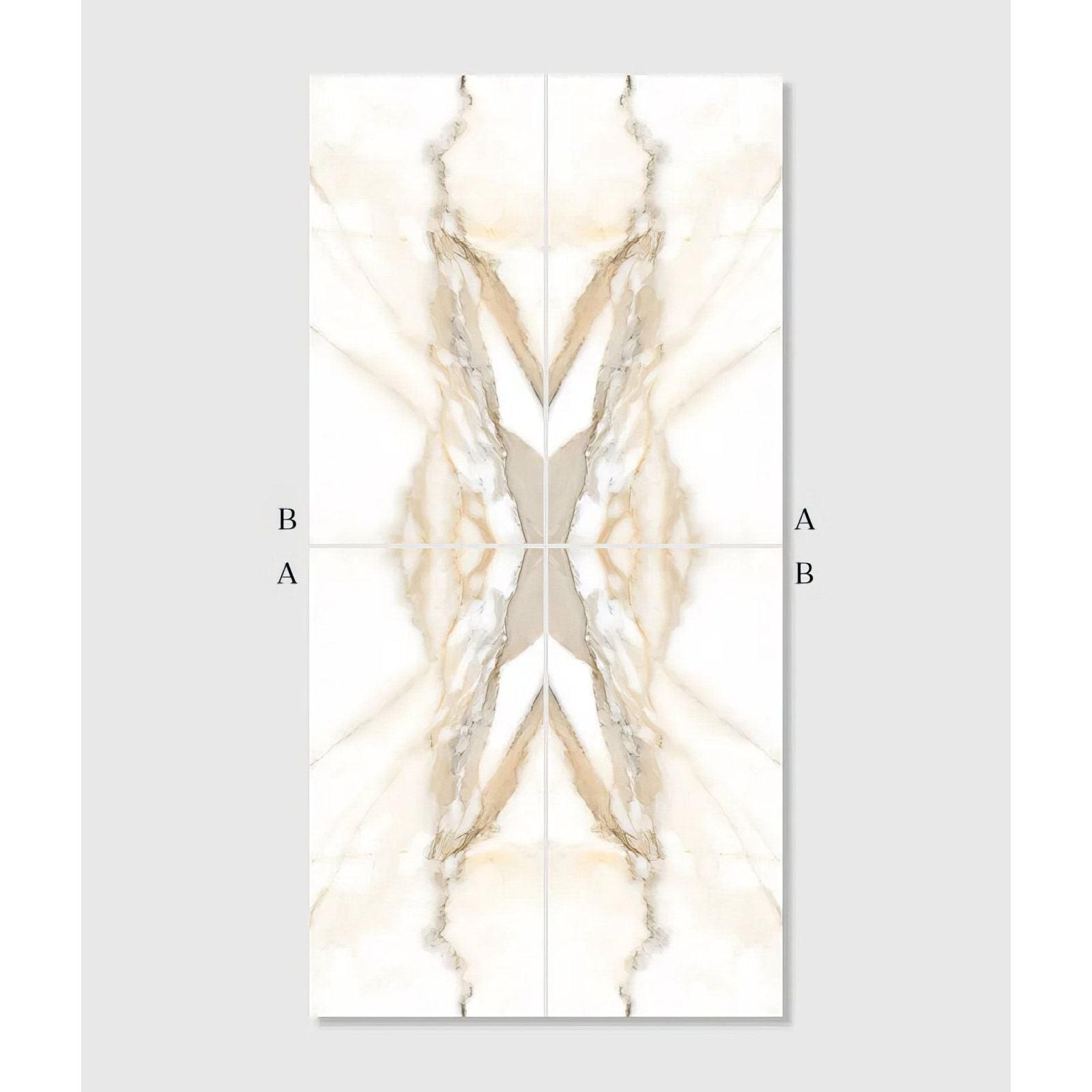 Beige and cream marble-effect porcelain wall panel with symmetrical veining from magnifique porcelain oro bookmatched collection
