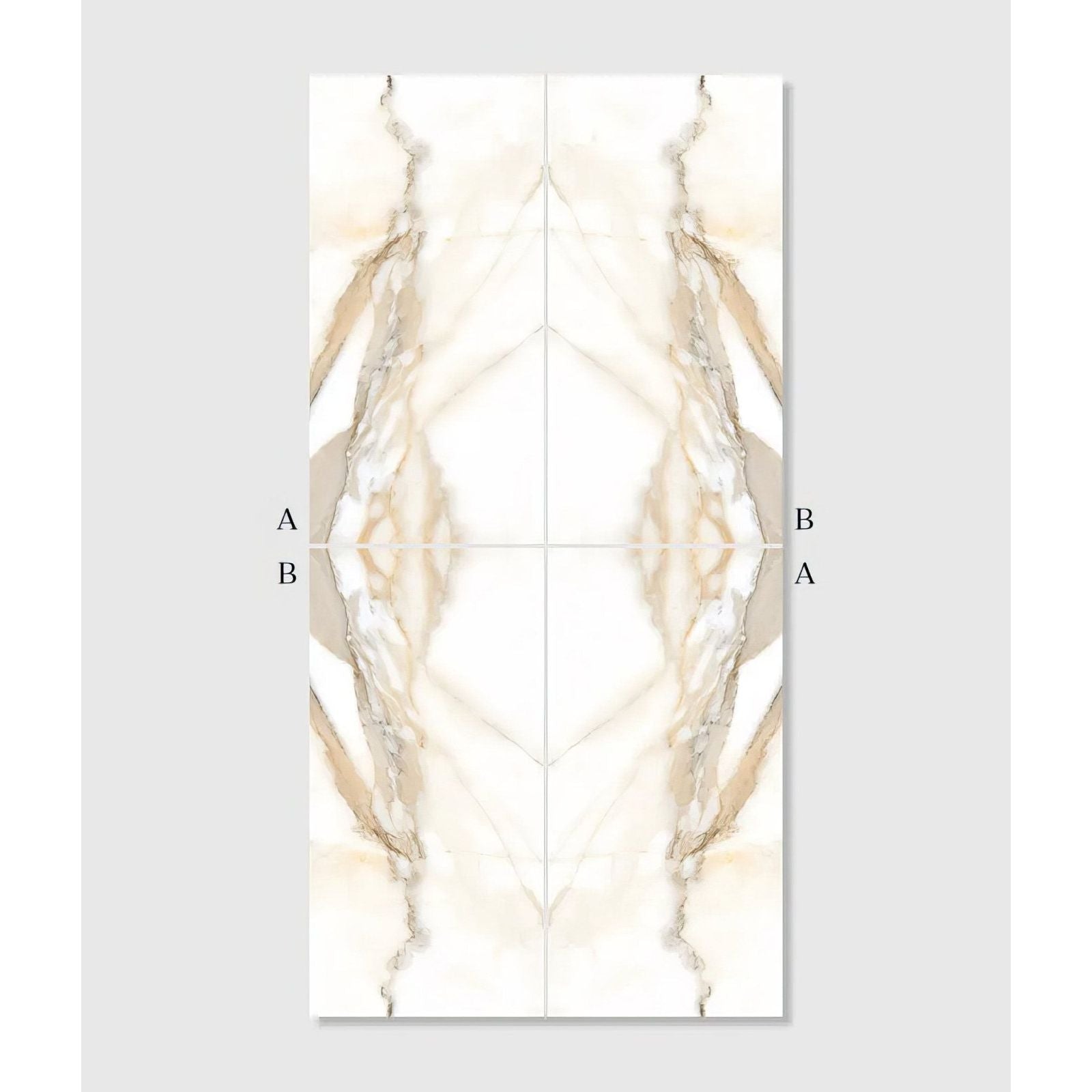 Beige and white marble-effect porcelain tile with symmetrical veined pattern magnifique porcelain oro bookmatched