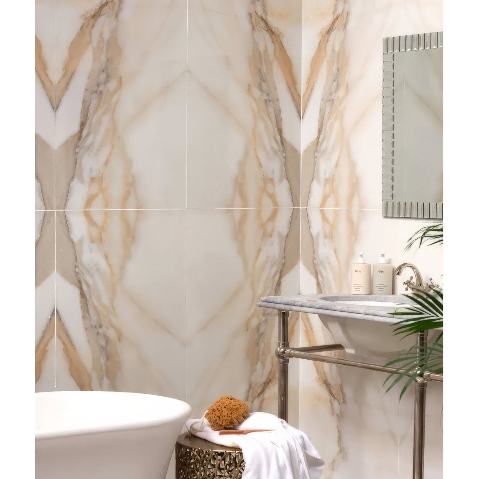 Beige and cream marble-effect porcelain wall tiles with flowing golden veining magnifique oro bookmatched design