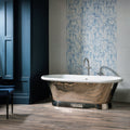 Maison Blanc Matt Glazed Ceramic 60x30cm grey ceramic tiles with a brass freestanding bathtub