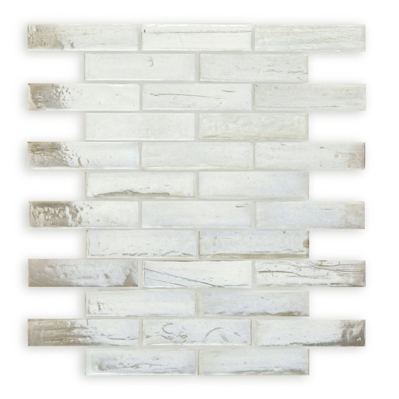 White glass mosaic tile with distressed weathered finish and subtle gray veining malacassa glacier brick glass mosaic