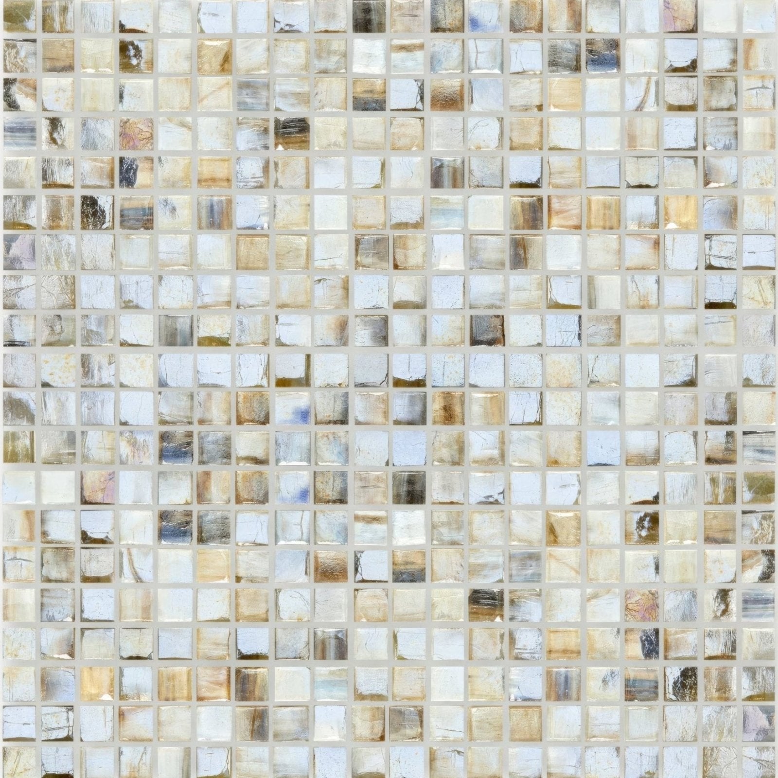 Beige and white malacassa oasis square mosaic tile with textured translucent glass finish for stylish wall decor