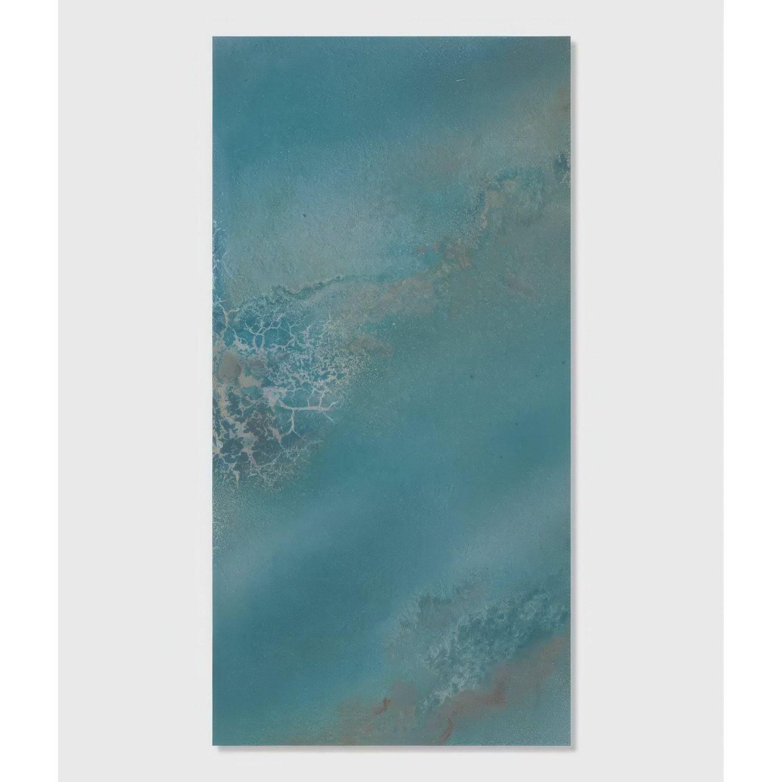 Abstract teal and gray textured canvas painting with flowing brushstrokes titled maldives porcelain lagoon