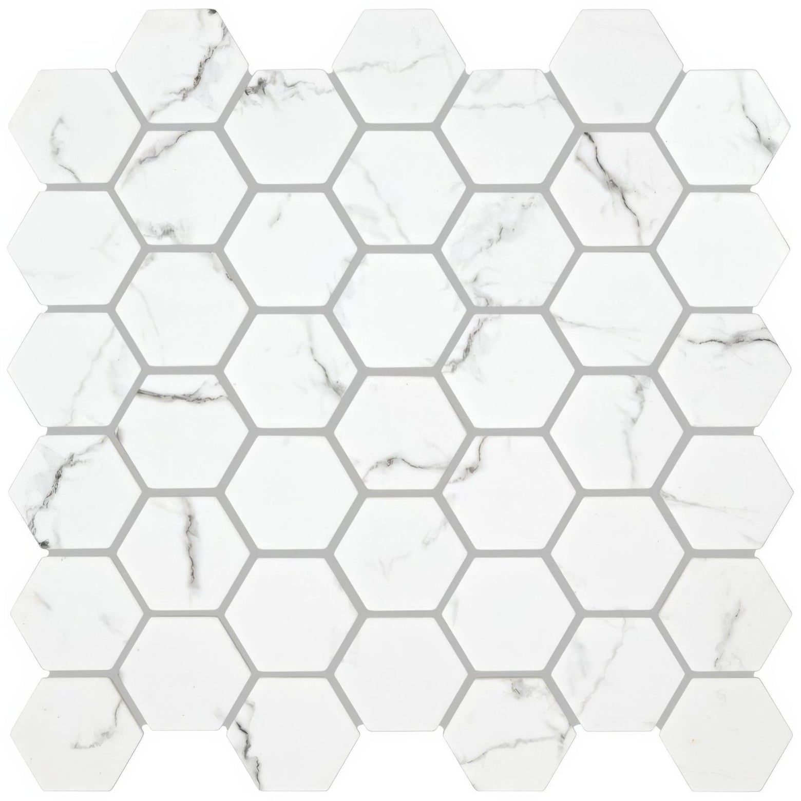 Malmo hexagon white mosaic tile made of white marble with subtle gray veining in a hexagonal pattern