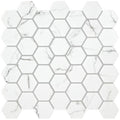 Malmo hexagon white mosaic tile made of white marble with subtle gray veining in a hexagonal pattern