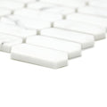 White rectangular mosaic tiles with rounded edges in a staggered pattern from malmo picket white mosaic collection