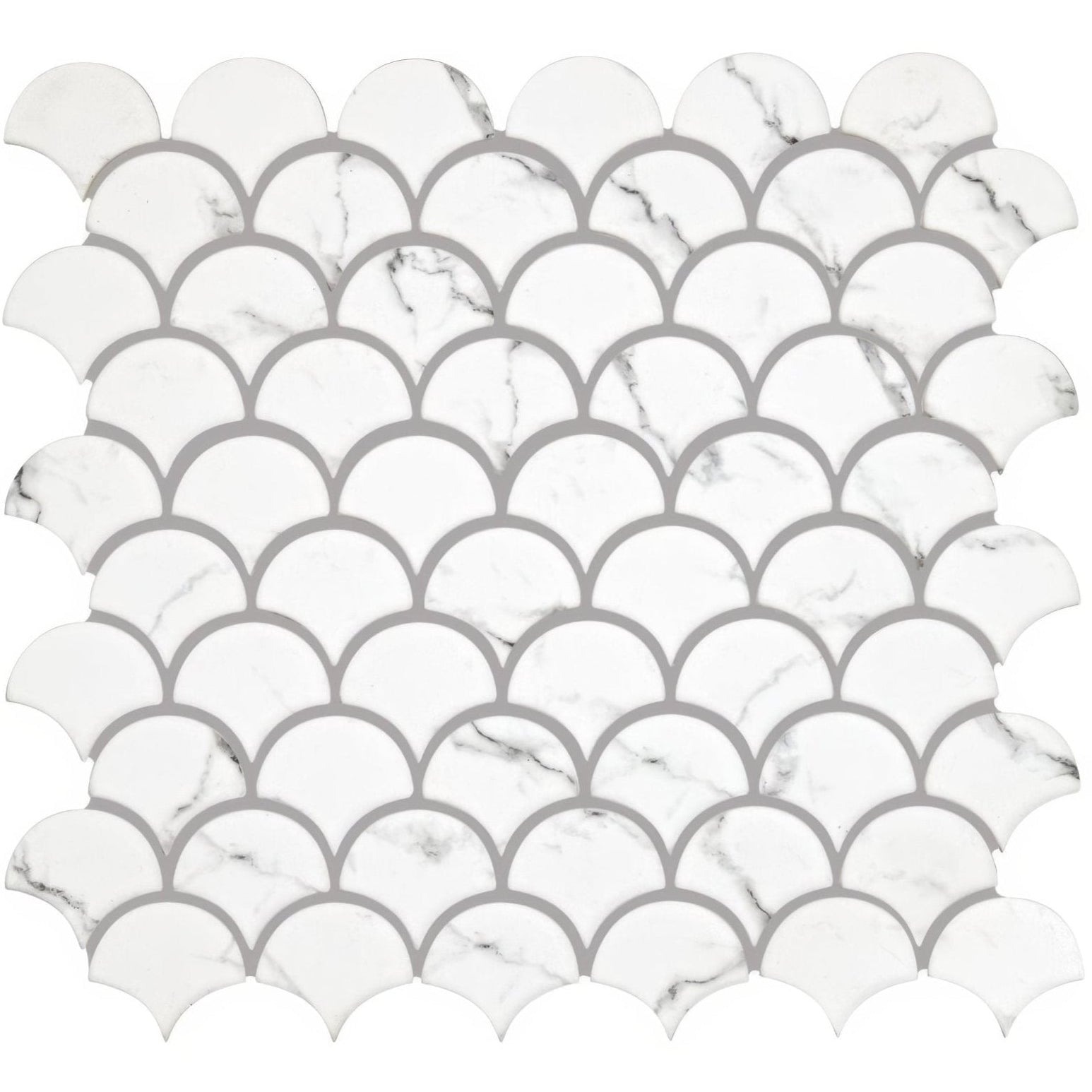 Malmo scallop white mosaic tile featuring white marble with a scalloped fish-scale design and subtle gray veining