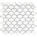 Malmo scallop white mosaic tile featuring white marble with a scalloped fish-scale design and subtle gray veining
