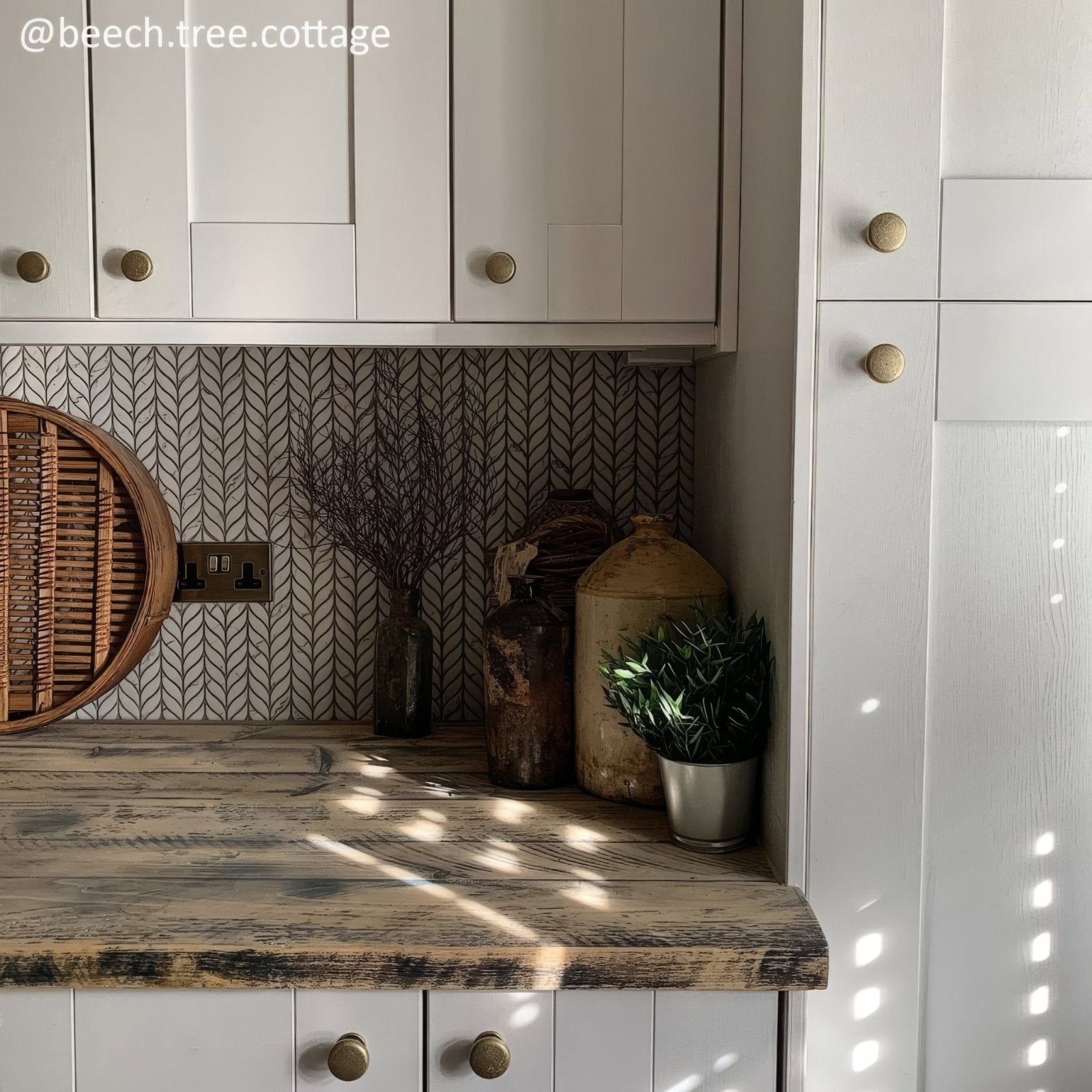 Malmo Willow Leaf White Mosaic white marble mosaic with a rustic wooden countertop