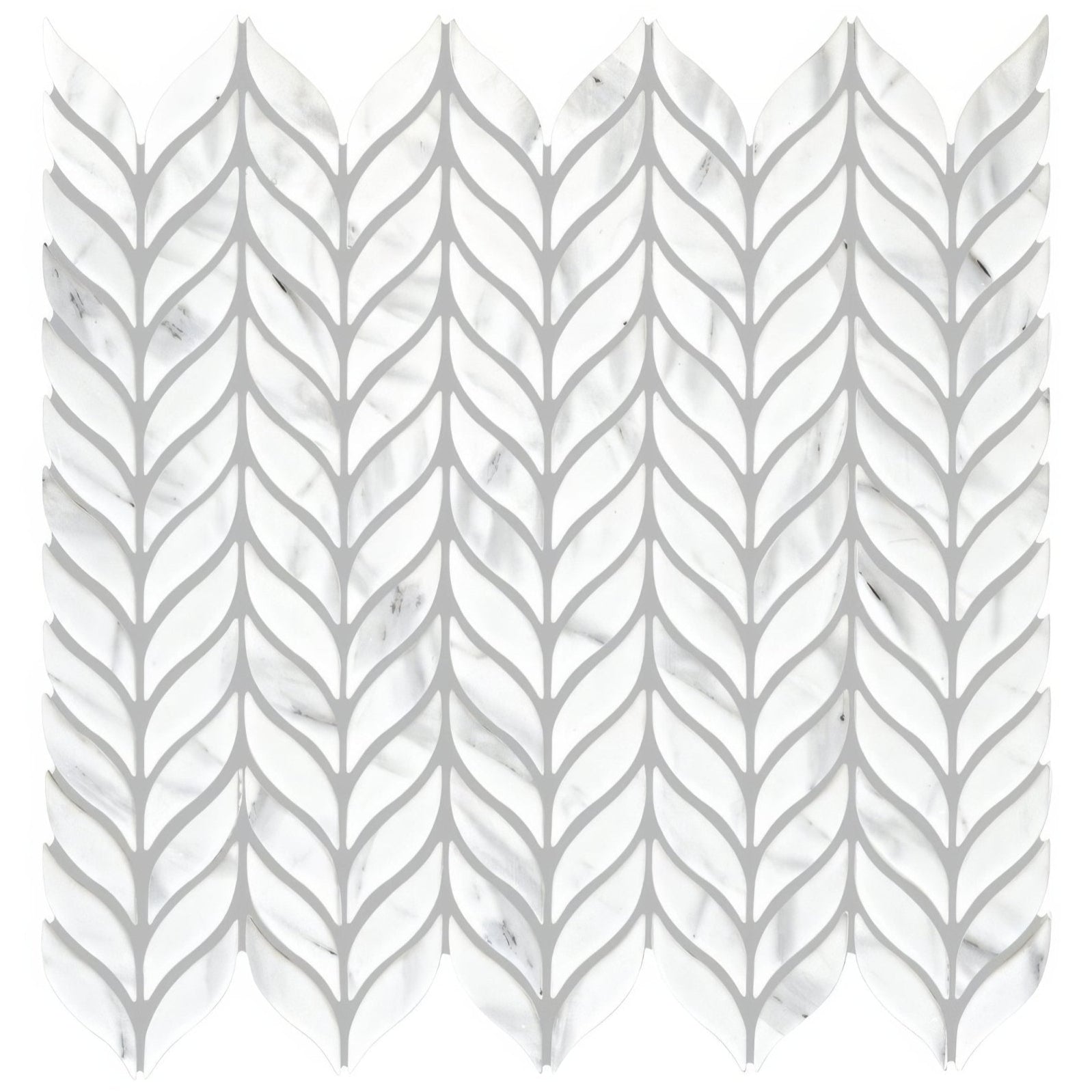 White marble mosaic tile with a willow leaf pattern arranged in a herringbone design for wall or floor use