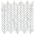 White marble mosaic tile with a willow leaf pattern arranged in a herringbone design for wall or floor use