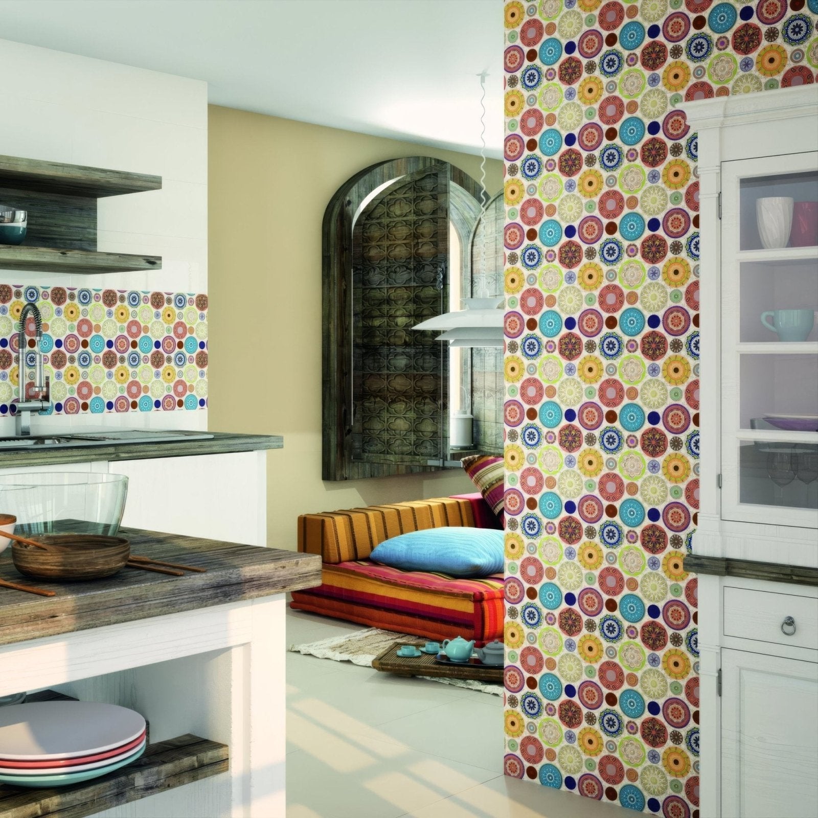 Mandala 28 x 28cm patterned mosaic tile with circular designs in teal, coral, mustard and cream