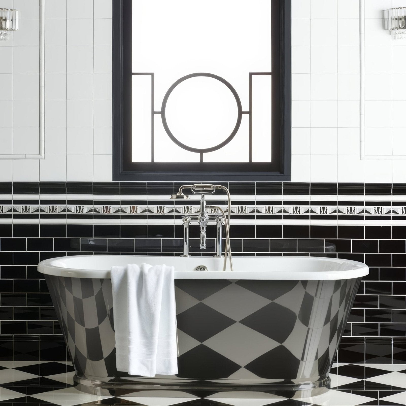 Manhattan Border With real Gold and Platinum on Brilliant White in a bathroom setting
