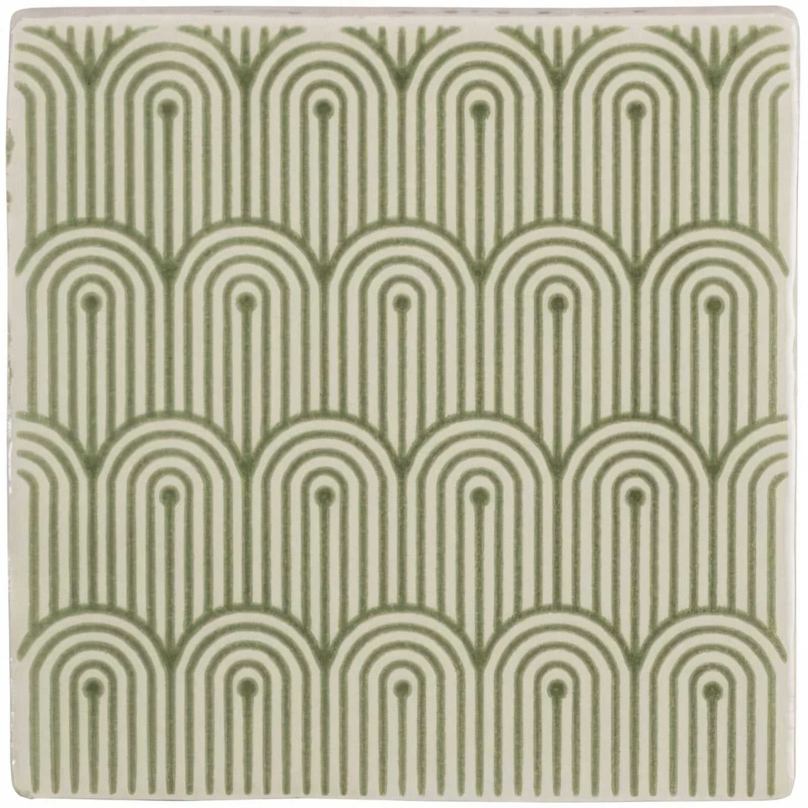 A square ceramic Manoir Deco pumice tile with olive green art deco arches on an off-white background