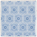 A square ceramic tile manoire fleur on papyrus with a repeating blue geometric pattern on a white background
