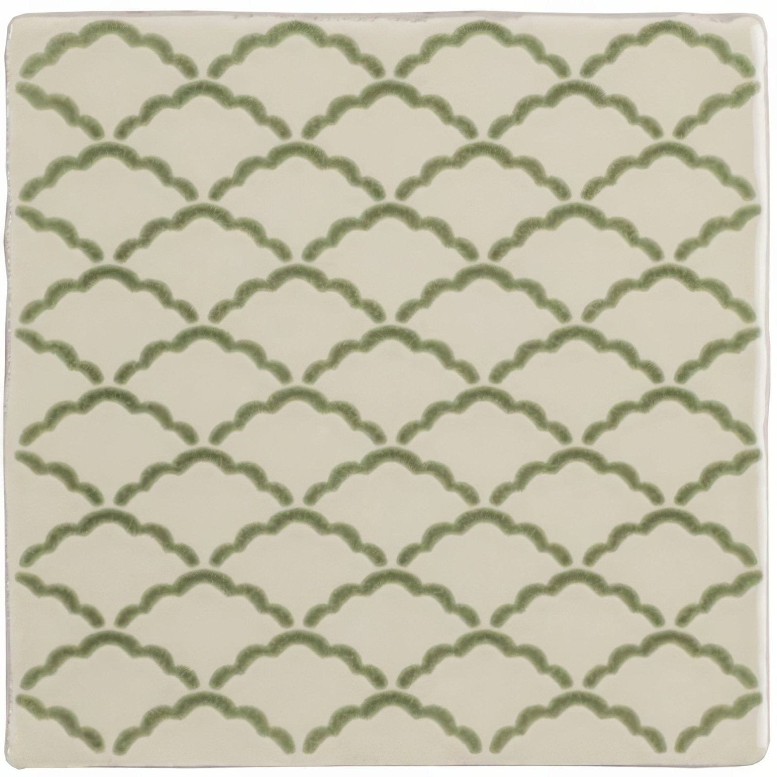 A square Manoir Nuage Pumice ceramic tile with olive green scalloped arcs on an off-white background