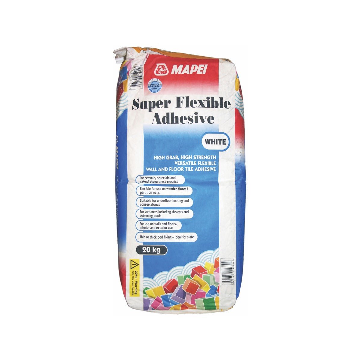 A 20 kg bag of mapei super flexible white adhesive with blue and red label for s1 standard set adhesives