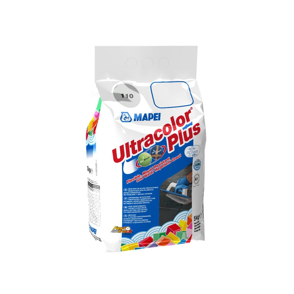 A white and blue bag of mapei ultracolor plus grout featuring flexible mold-resistant formula for tile joints