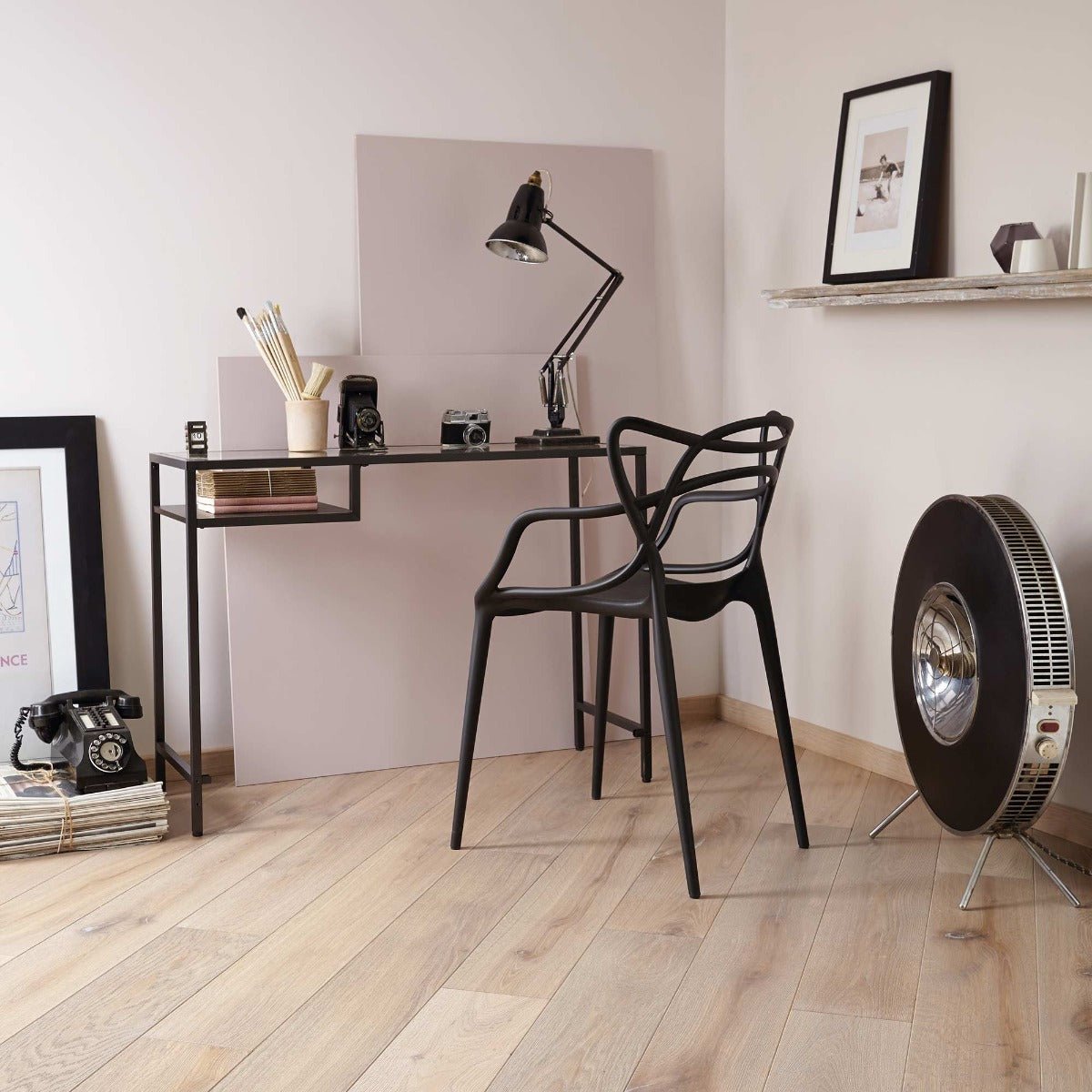 Fired Earth Marble Paint painted wall with a black metal desk