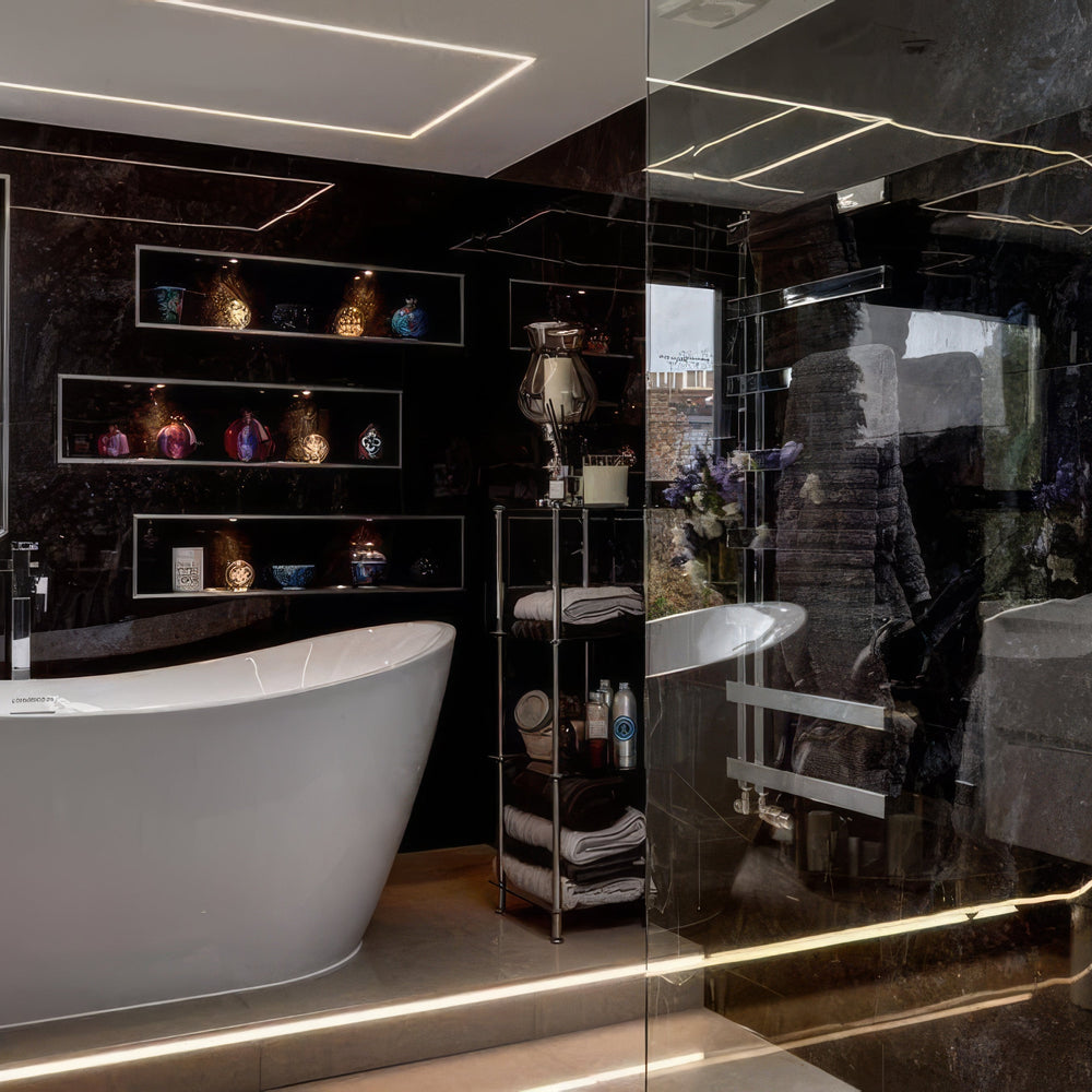 Modern bathroom with a freestanding bathtub, shelves, and a large mirror.