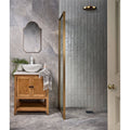 Wooden vanity with white ceramic bowl sink and black round knobs in marlborough porcelain parquet cotton white gloss finish