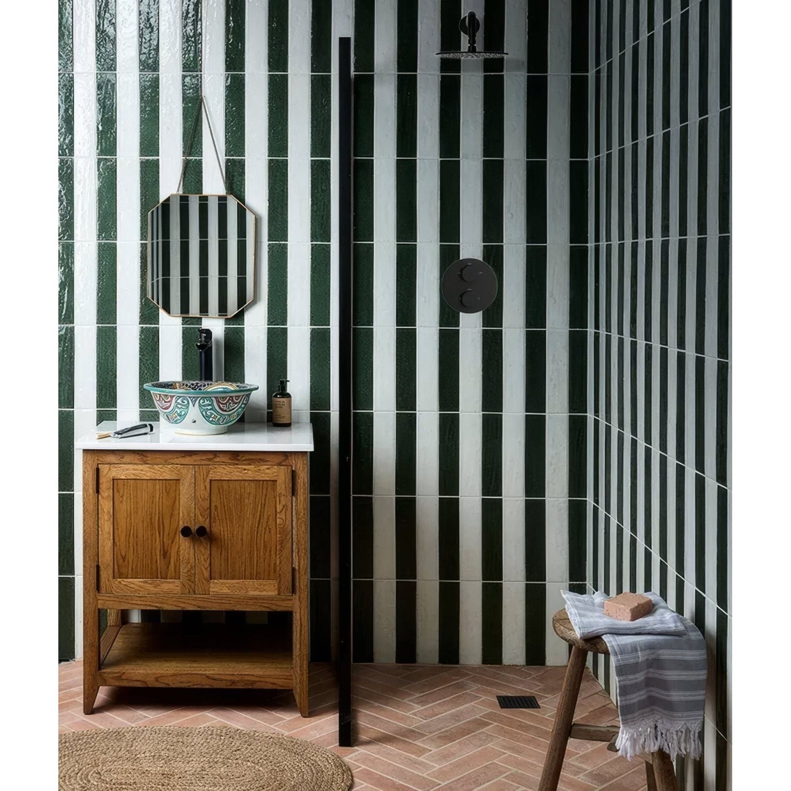 Marlborough porcelain parquet cotton white gloss bathroom tiles with green and white vertical stripes