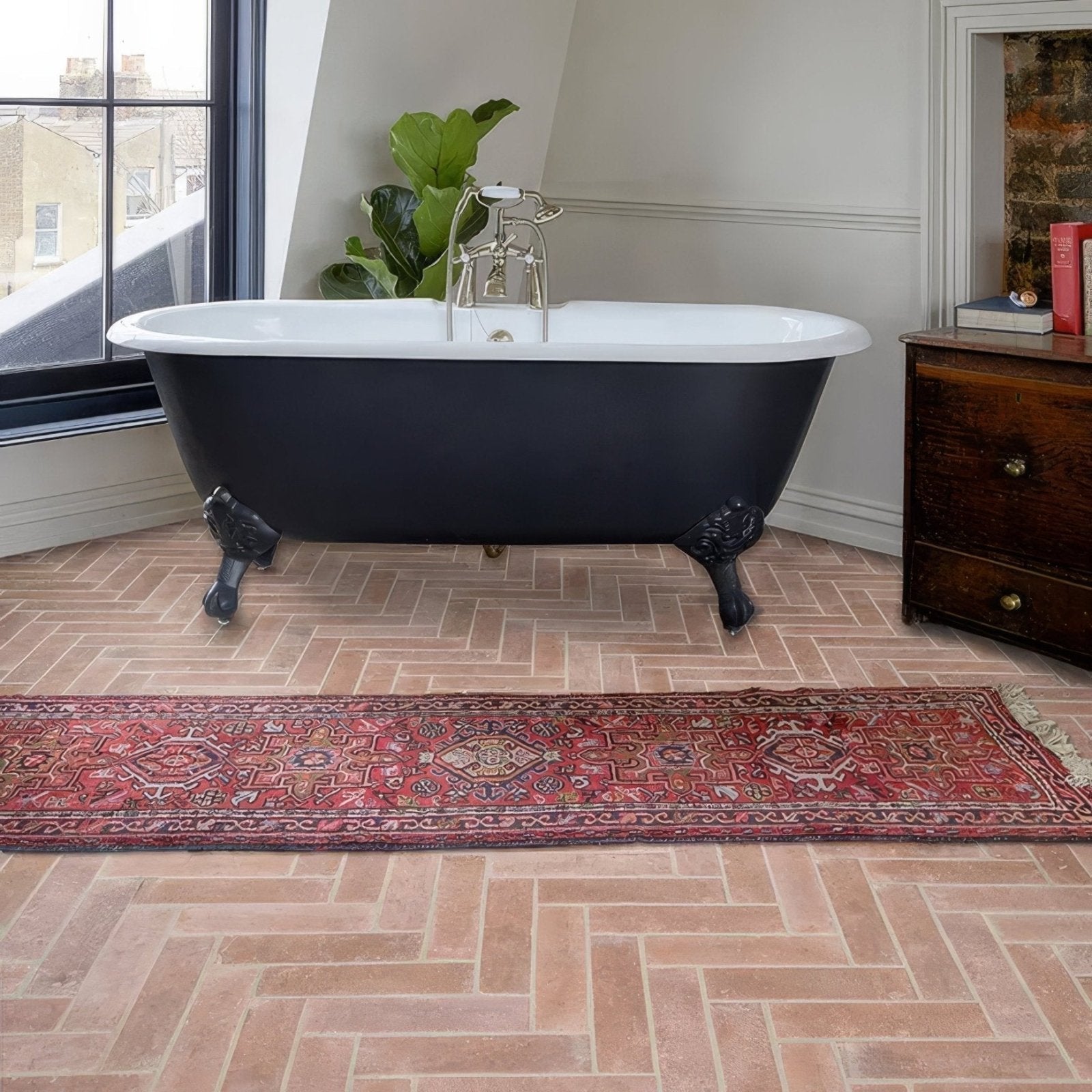 Black clawfoot Marlborough porcelain parquet natural bathtub with white interior and chrome fixtures