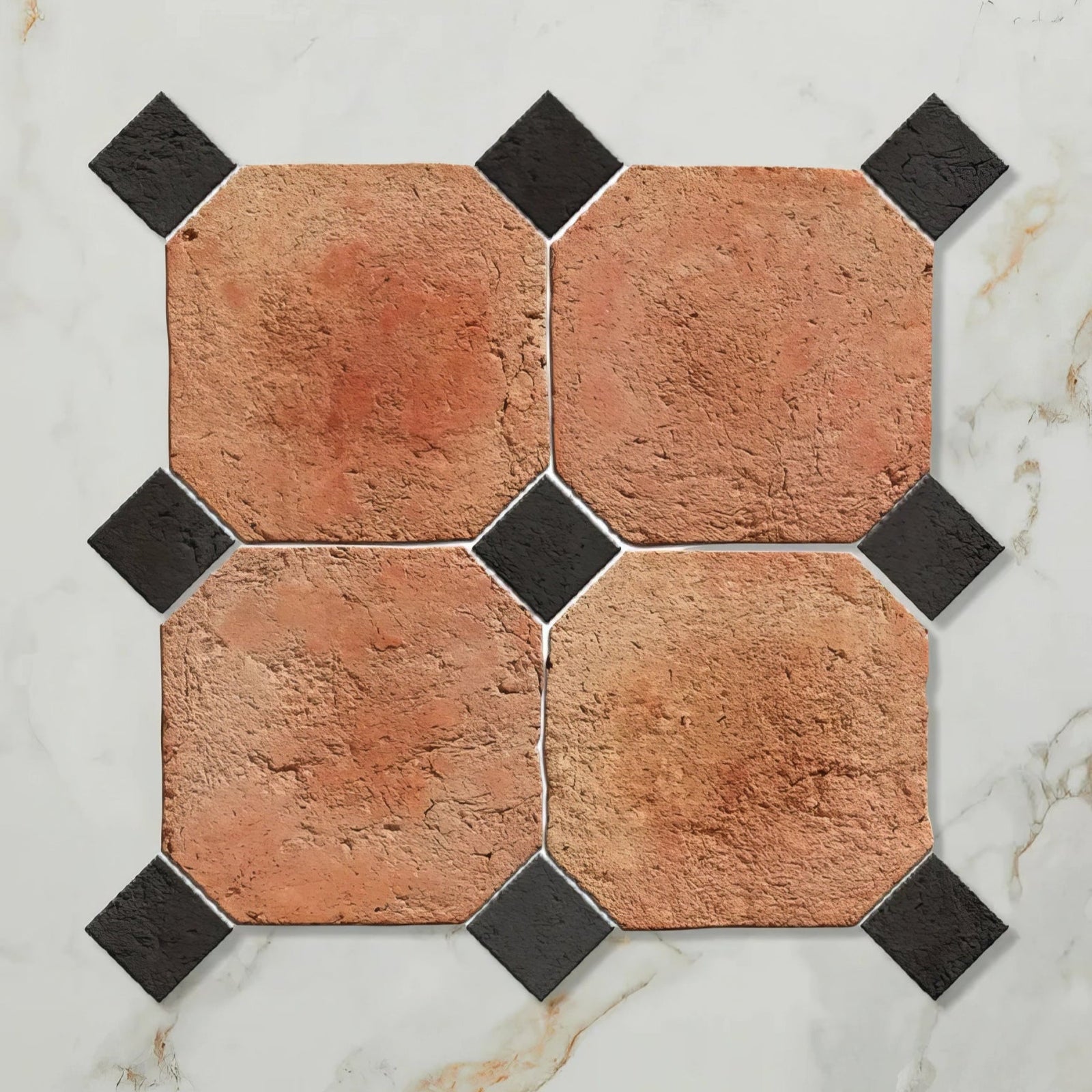 Rustic terracotta and black octagonal mosaic tile set with textured finish in marlborough terracotta octagons and cabochons