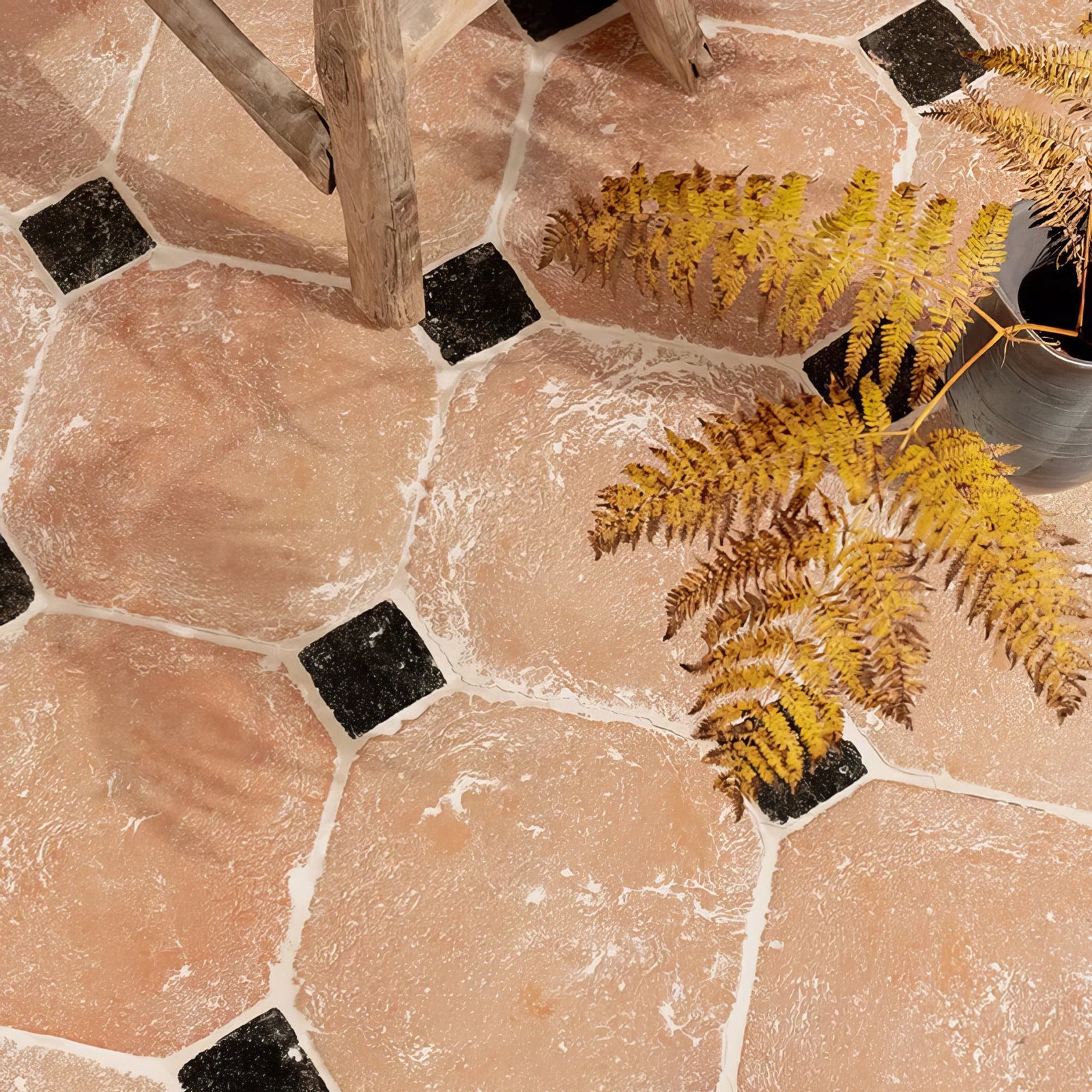 Marlborough terracotta octagons and cabochons floor tiles with terracotta hexagons black square accents and white grout