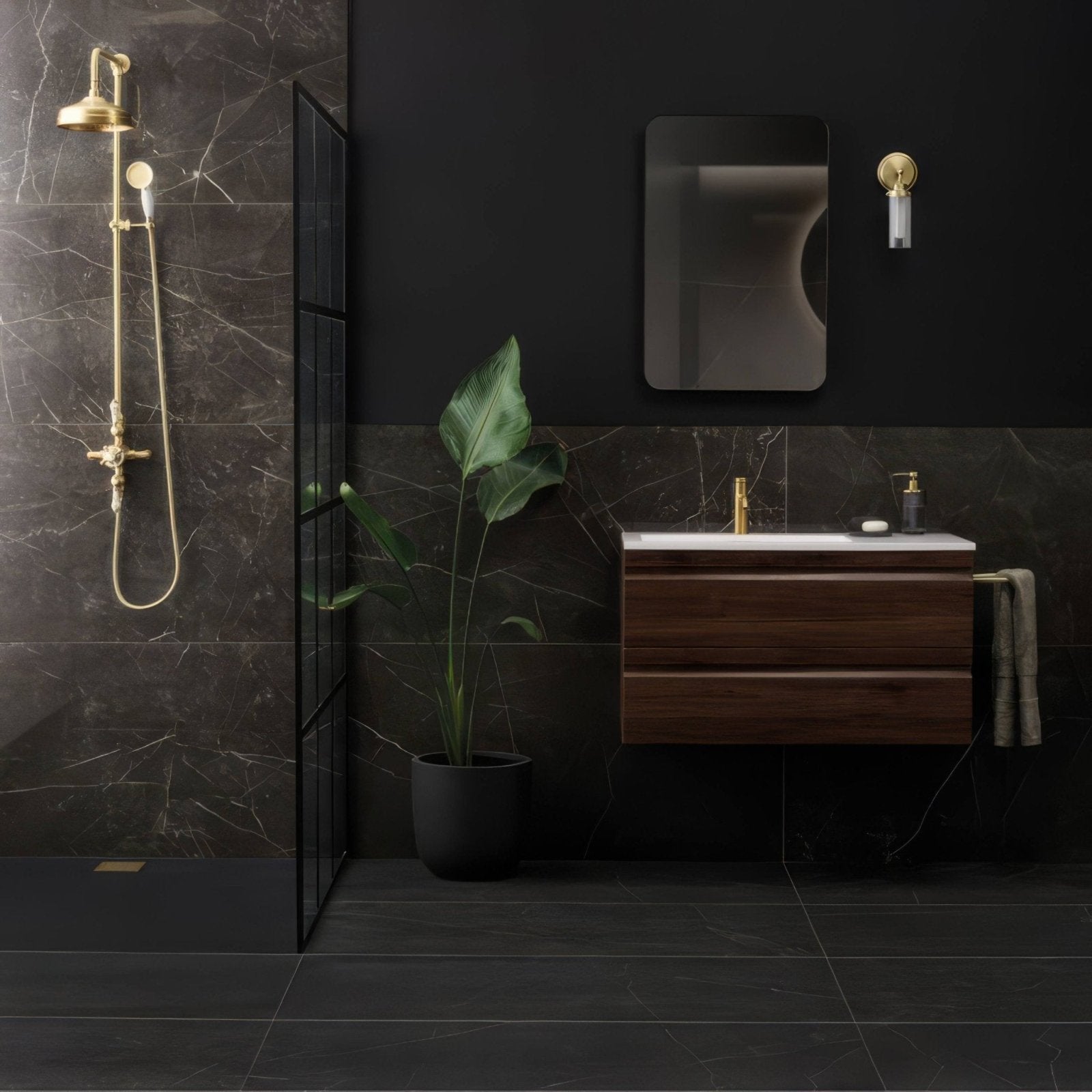 Dark wood floating vanity with white countertop and gold faucet featuring marmi nero polished 60 x 60 cm tile