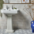 Maroc ceramic bianco white ceramic pedestal sink with a classic rectangular basin and two chrome faucets