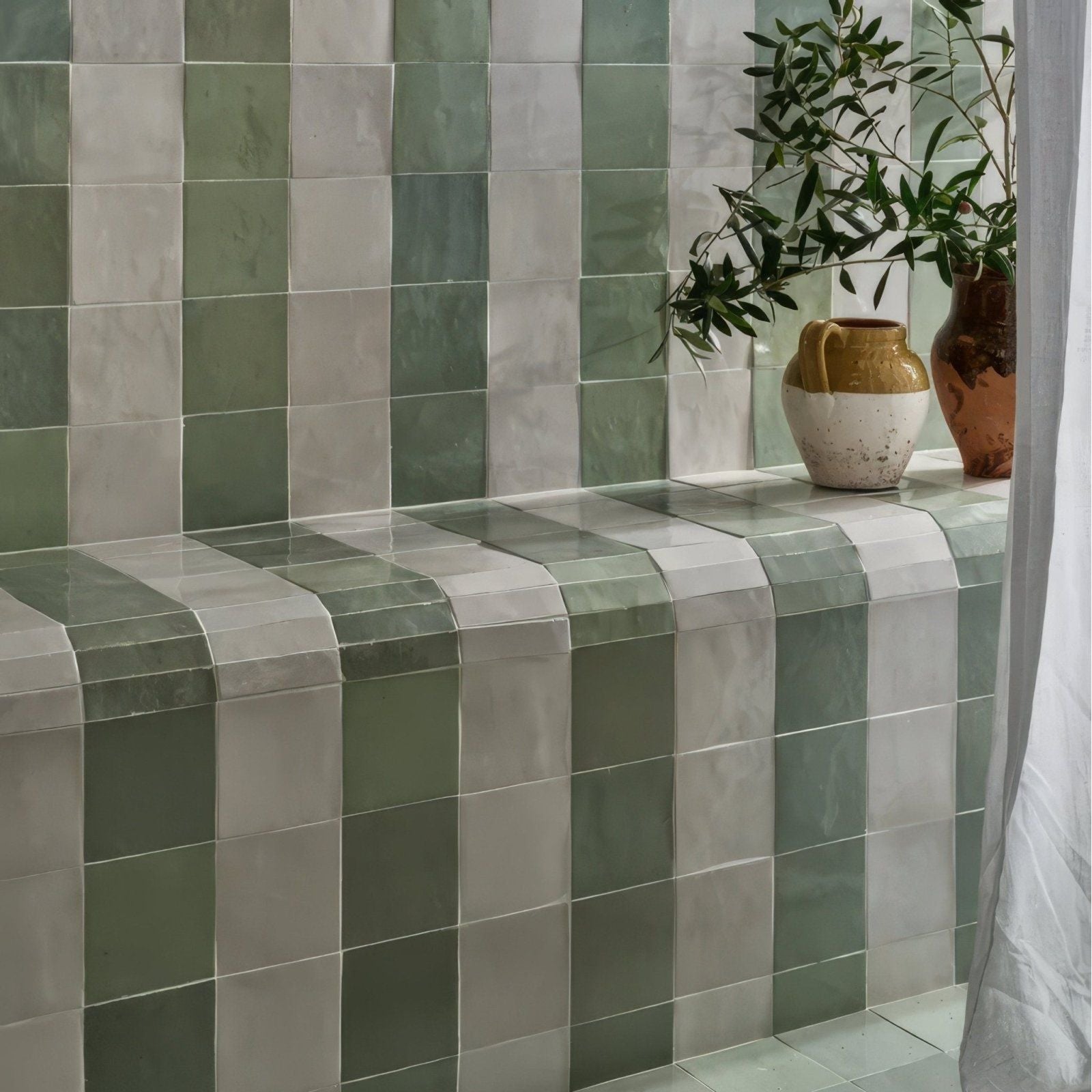 Green and white ceramic square tiles with a subtle glossy finish forming a patterned wall for interior decor