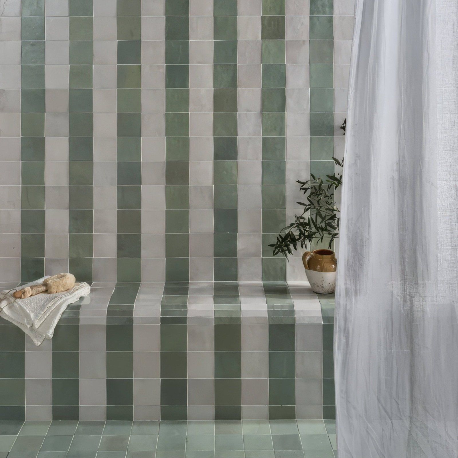 Green and white striped ceramic tiles form a textured modern bathroom wall in maroc ceramic mint design