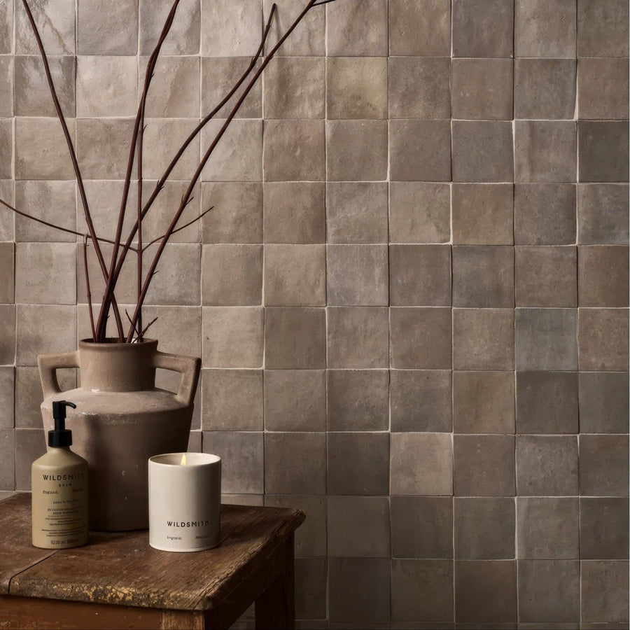 Beige ceramic vase with two handles and rustic handcrafted texture from maroc ceramic wool collection