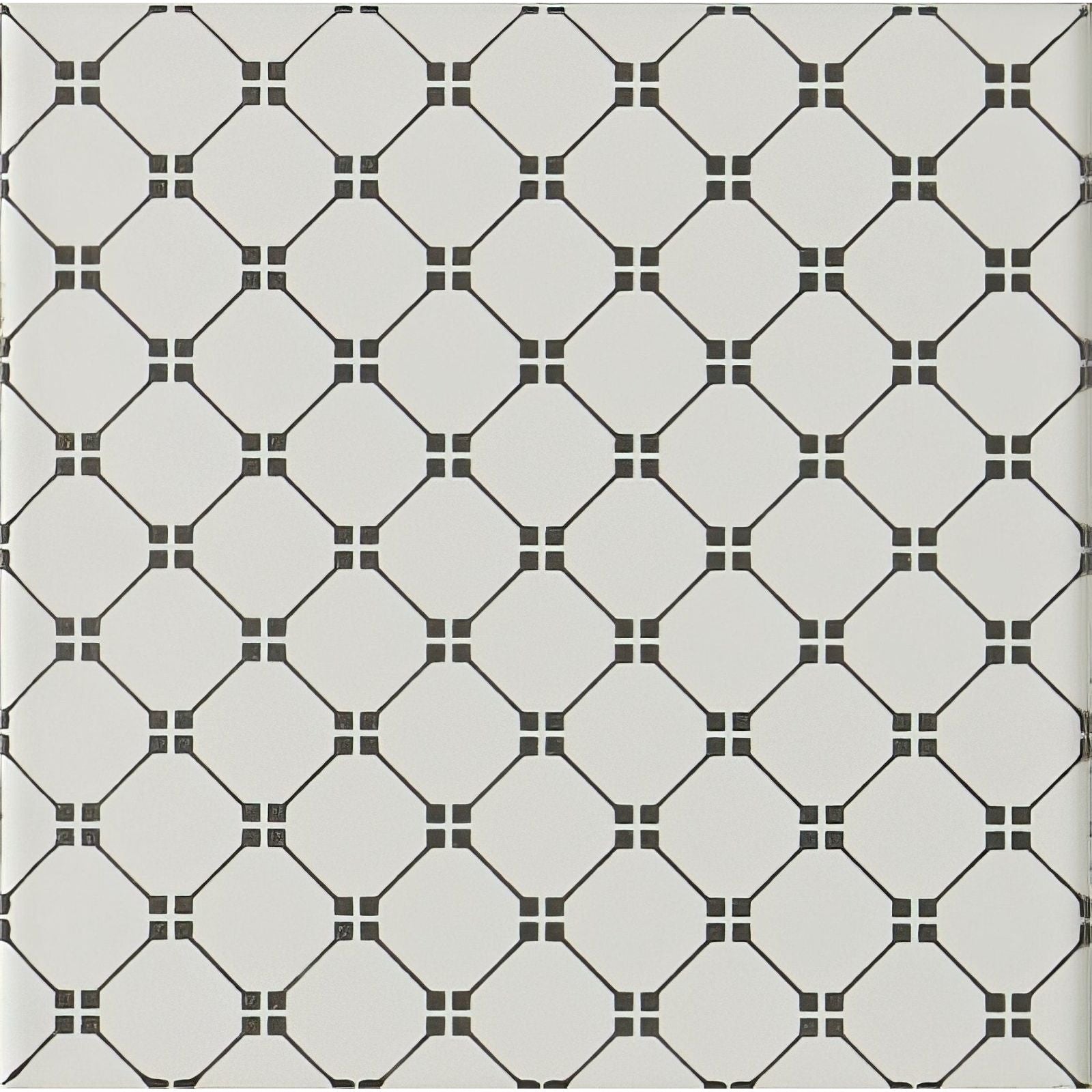 Geometric patterned wallpaper marquee grey on brilliant white with repeating black and off-white diamond lattice design