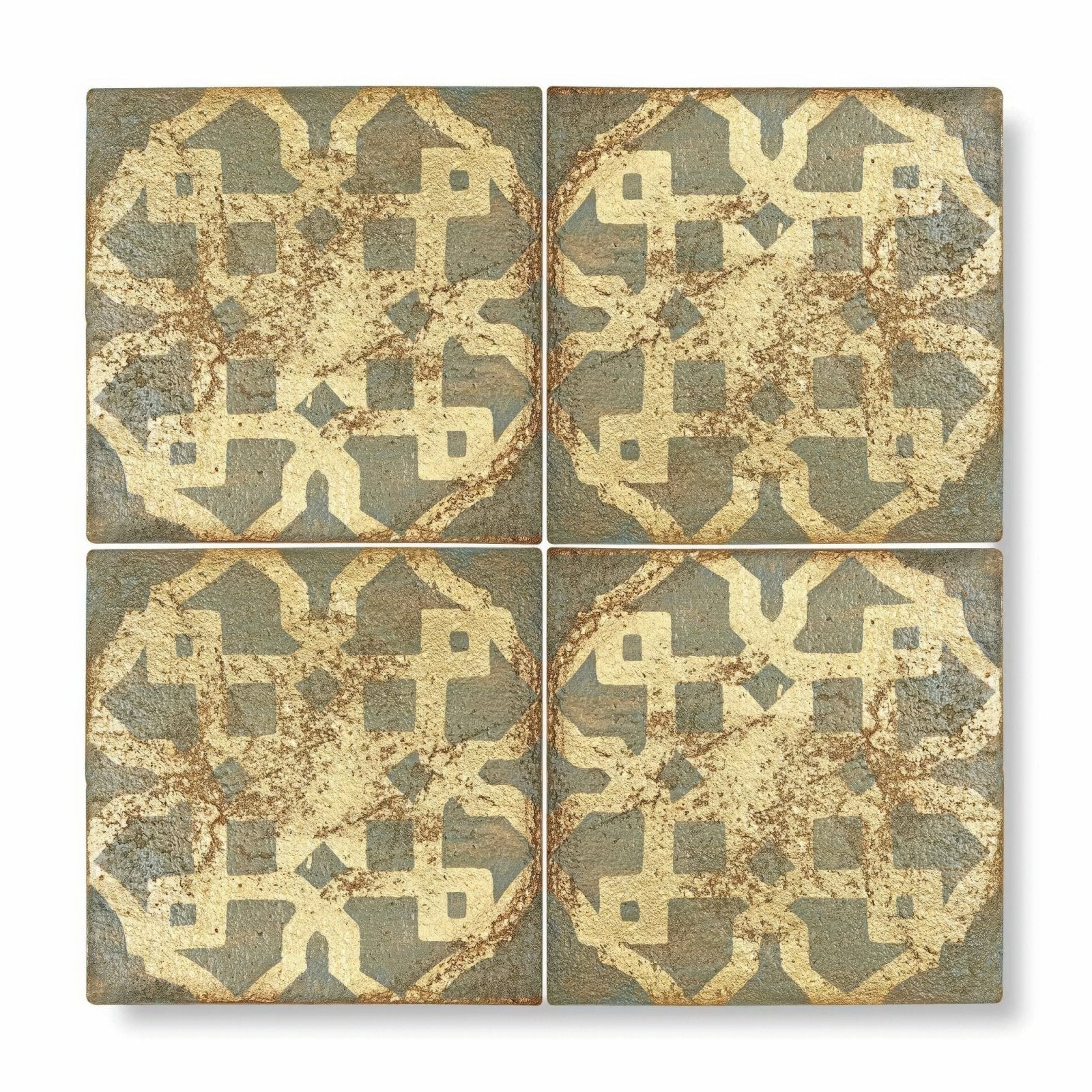 Four square terracotta tiles with distressed vintage geometric pattern in muted gold and gray from marrakech asni collection