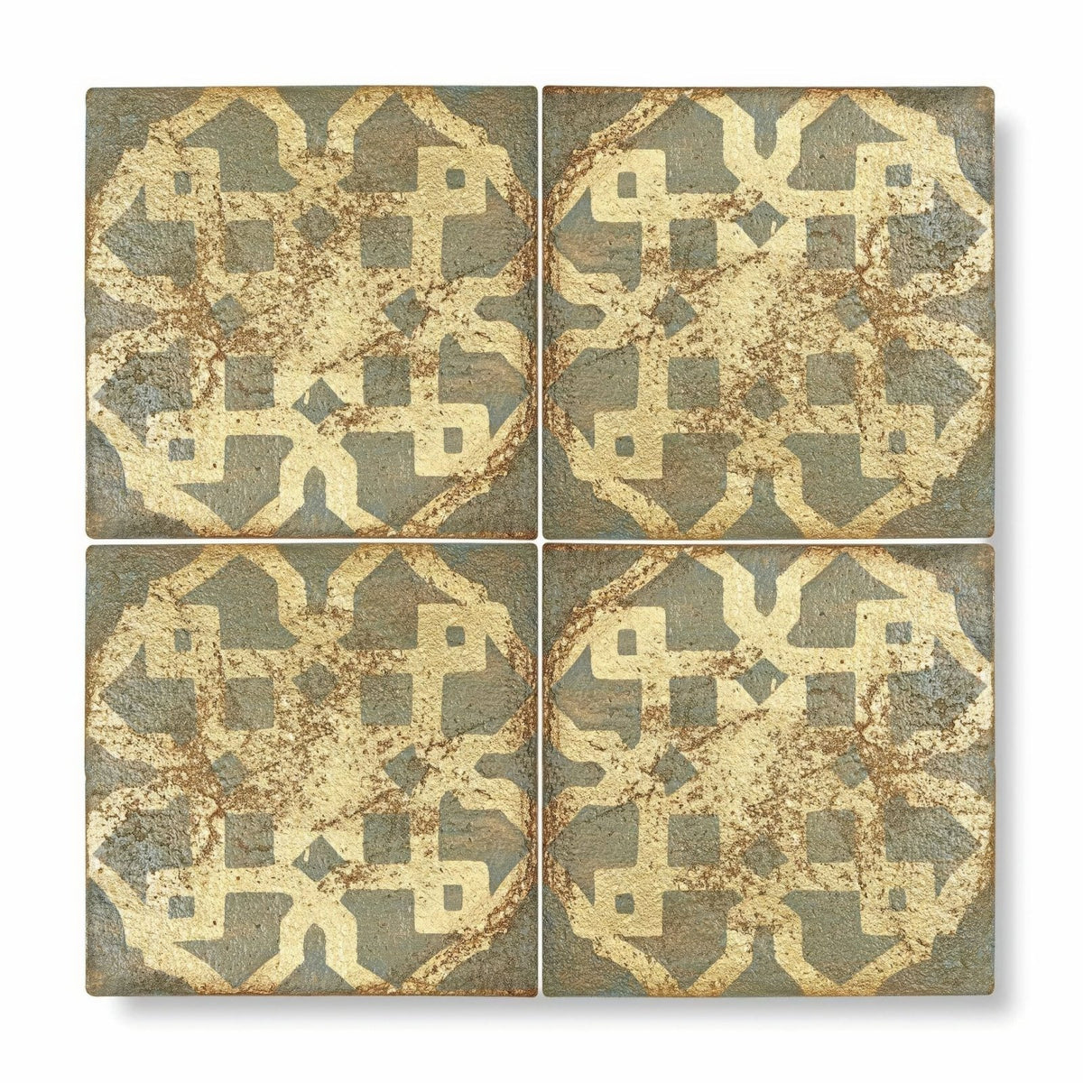 
Four square terracotta tiles with distressed vintage geometric pattern in muted gold and gray from marrakech asni collection