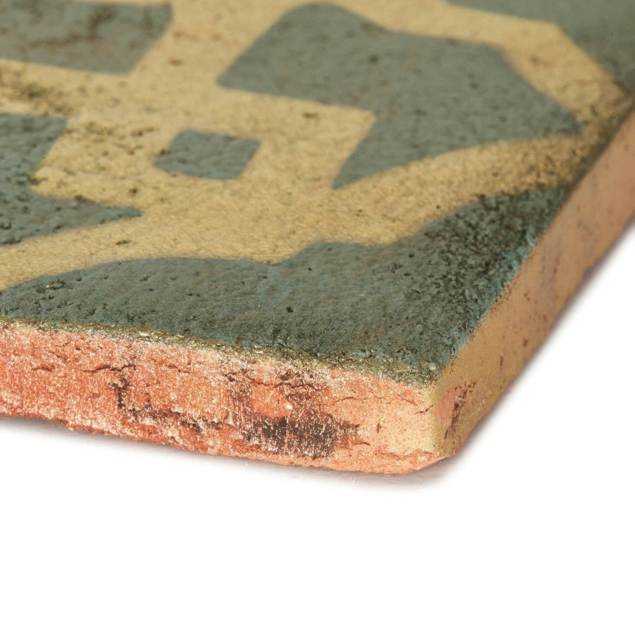 Vintage-style marrakech asni patterned terracotta tile with textured earthy surface and faded green and beige geometric patterns