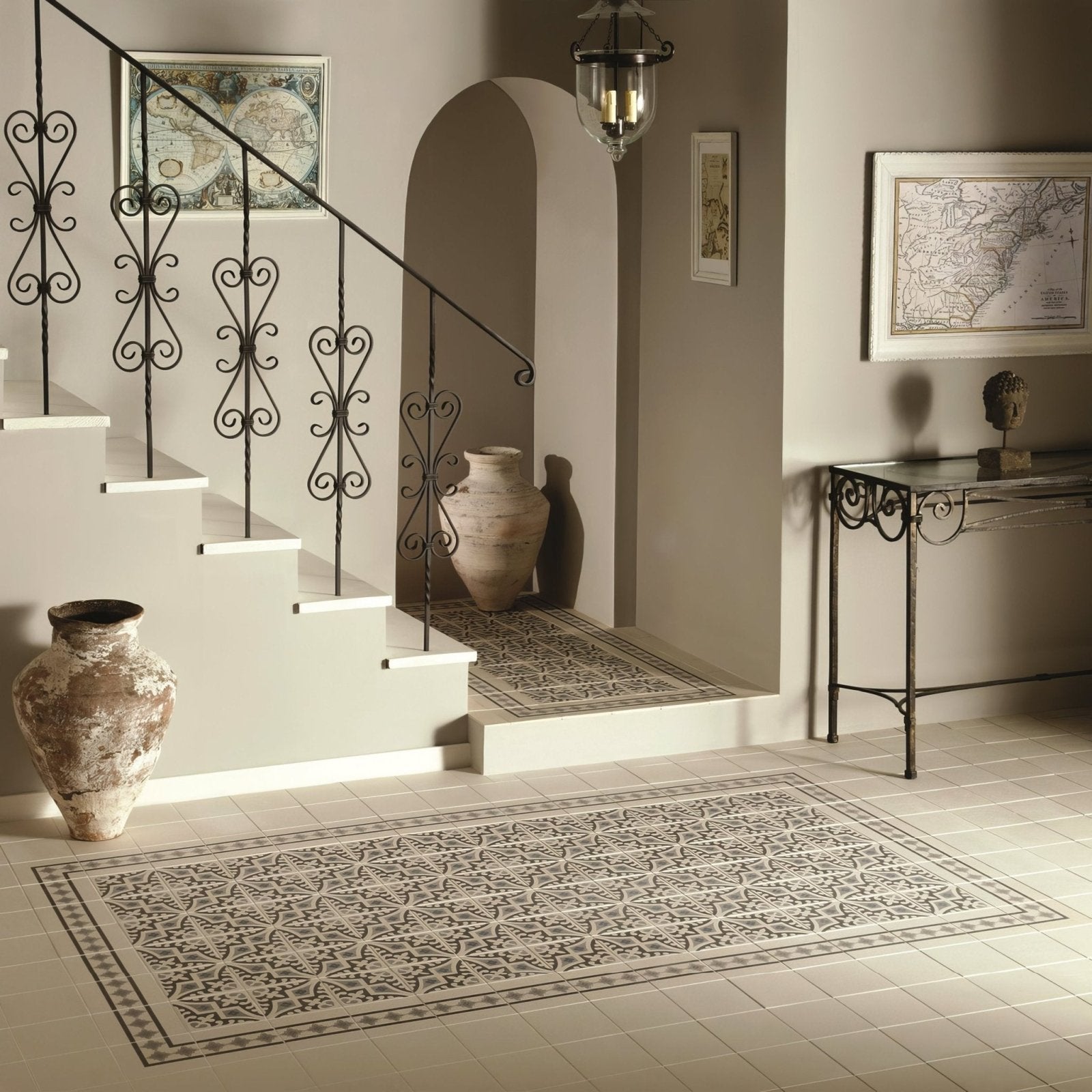 Beige and gray patterned mosaic tile rug with intricate geometric design in light blue, light grey, and dark grey on dover white