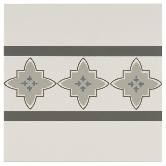 Marrakech Border Light Blue, Light Grey and Dark Grey on Dover White
