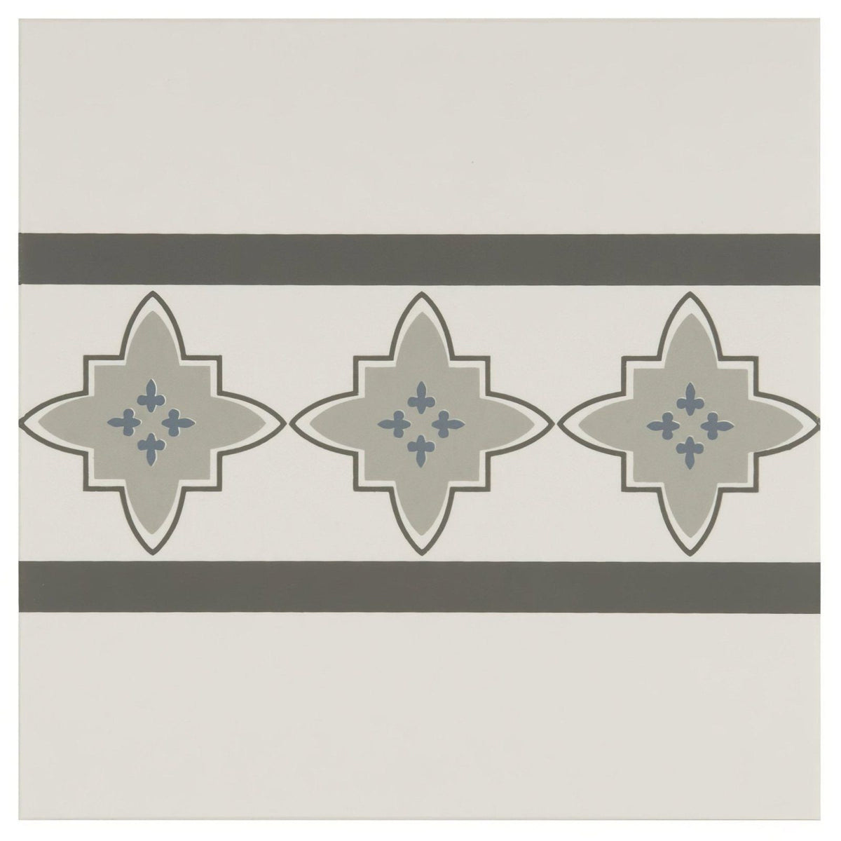 Marrakech Border Light Blue, Light Grey and Dark Grey on Dover White