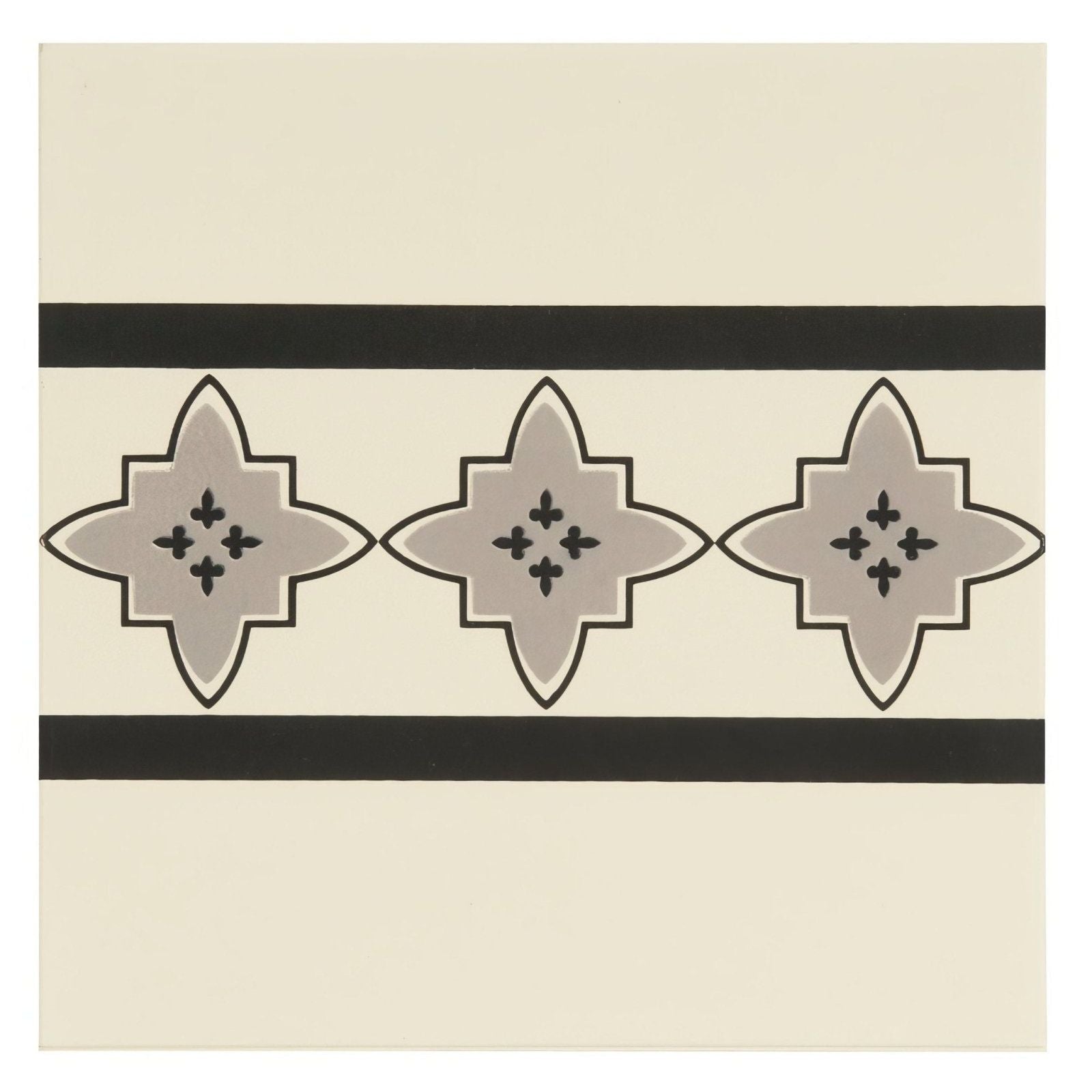 Beige ceramic tile with black horizontal bands and gray quatrefoil motifs featuring black cross details from marrakech border light grey and black on white collection
