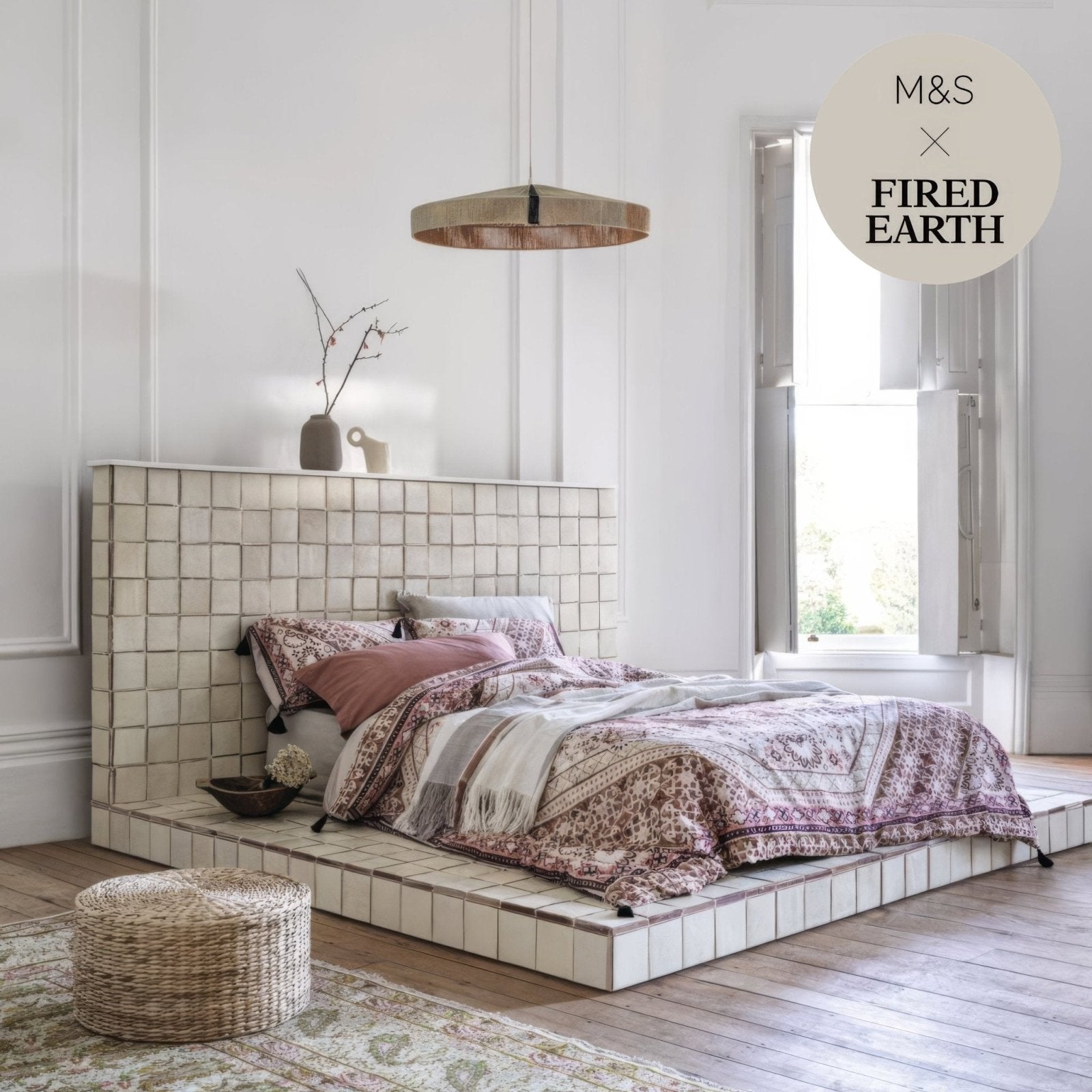 A white tiled bed frame with matching platform base featuring square ceramic tiles in a grid pattern from Marrakech Cream Terracotta Base Tile 11.8cm