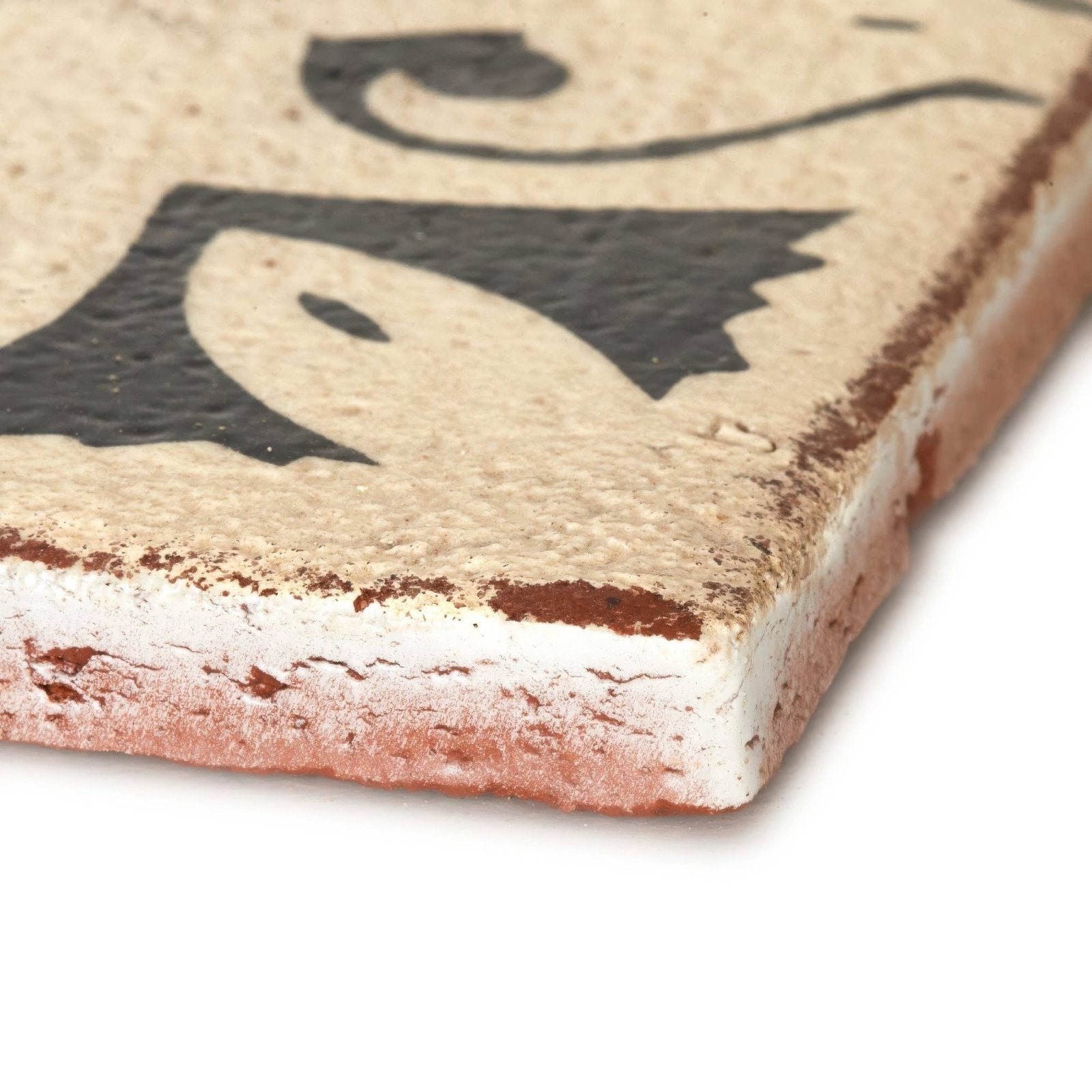 A rustic beige ceramic Marrakech hammam patterned terracotta tile with distressed edges and a black fish design