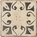 Cream-colored ceramic Marrakech Hammam patterned terracotta tile with black stylized floral and scrollwork designs