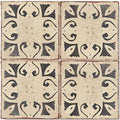 Four square beige terracotta tiles with black ornate hammam patterns and rustic edges from marrakech collection